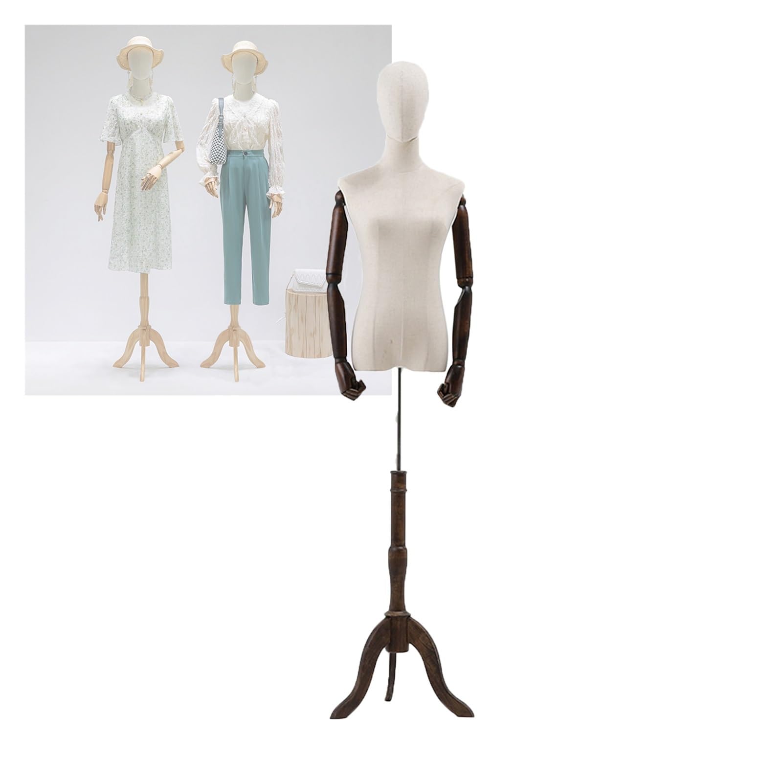 Torse de mannequin féminin réglable 132-182 cm, présentoir à couture avec tête, bras en bois et trépied
