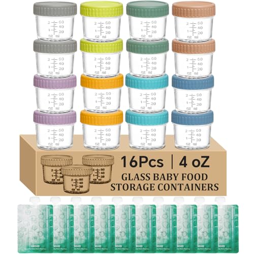 Image of 16 pcak Glass Baby Food Storage Containers & 10 Pack Reusable Baby Food Pouches Set, 4 oz Glass Jars with lids for Infant Baby Food,Freezer and Microwave Safe,100% Leak Proof,Reusable BPA Free（16）