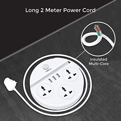 Image of XECH Extension Board with USB & Desk Light 2500W Power with 3 Universal Sockets & 3 USB Output Ports & 2 Meter Cable Length (Charging Disc PRO)