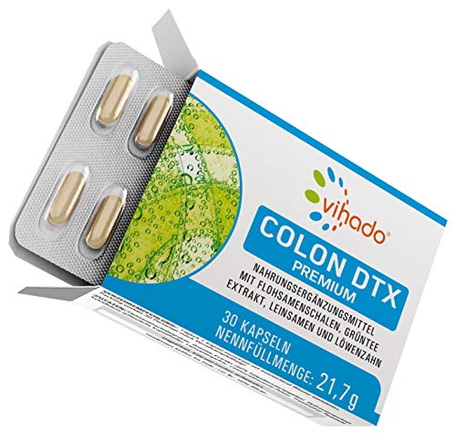 Vihado Colon DTX Premium Kapseln mit Flohsamen, Grüntee Extrakt, Leinsamen und Löwenzahn, 30 Kapseln