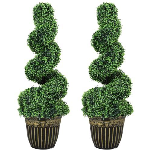 HOMCOM Set of 2 Decorative Artificial Plants Topiary Spiral Boxwood Trees in Pot, Fake Plants for Home Indoor Outdoor Decor, 90cm, Green