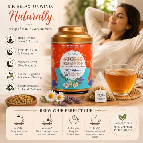 Image of SANCHA Tea Boutique Stress Herbal Tea, 25 Pyramid Tea Bags, Caffeine-Free Chamomile Lavender Mint Herbal Infusion