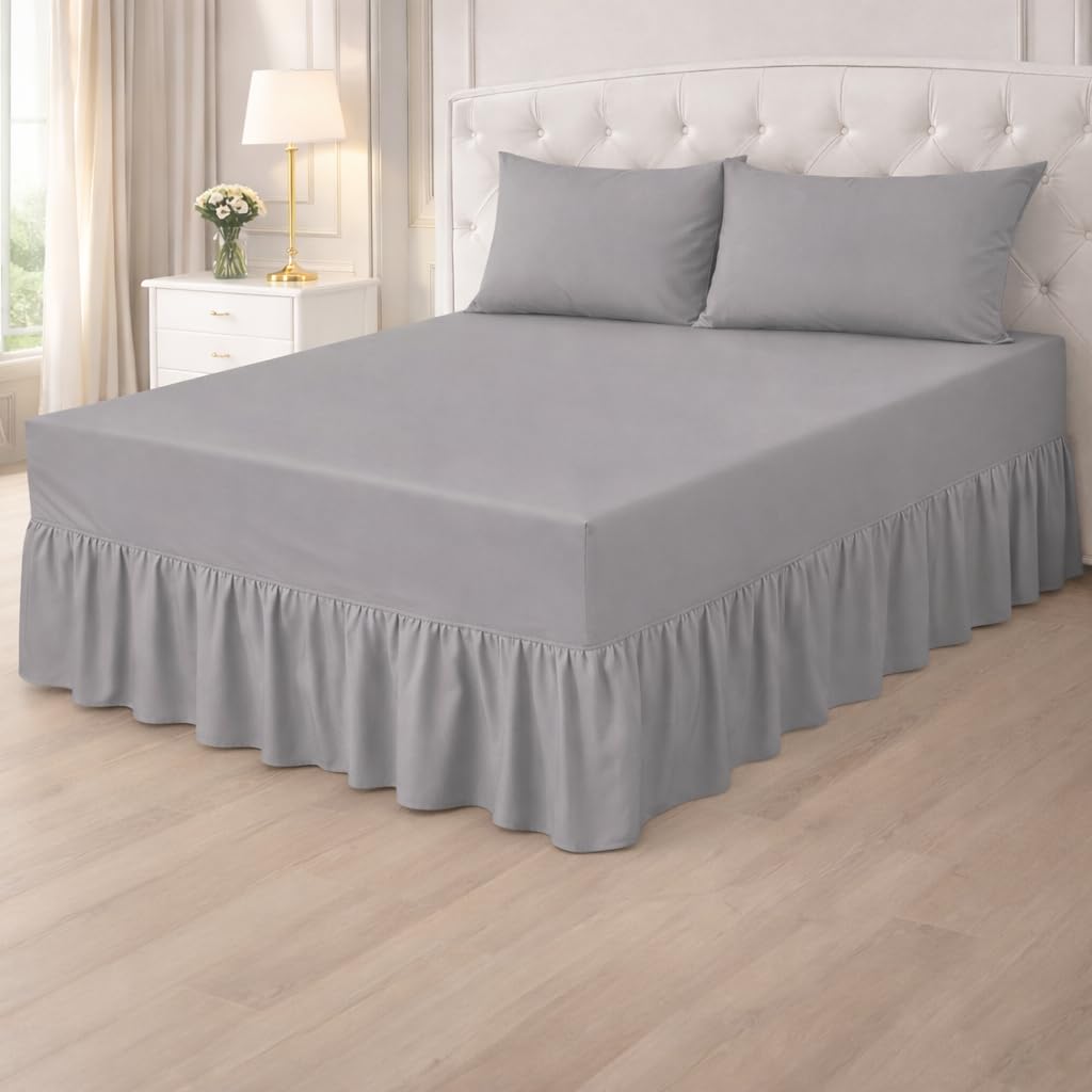 Plain Poly cotton Extra Deep Frilled Valance Fitted Sheets, Easy Case Fitted Valance Sheets in 14 Attractive Colors, Percale Quality Fitted Valance Sheet (Grey, Double)