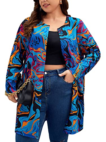 WDIRARA Women's Plus Size Houndstooth Open Front Puff Sleeve Elegant Office Jacket Coat