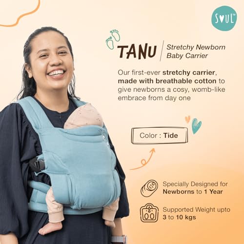 Image of Soulslings Tanu Baby Carrier Tide | Stretchy Baby Carrier for New Born & 0 to 1 Year Baby | Soft Cotton Belt with Ergonomic M Position | Adjustable Infant Carrier with Front & Hip Carry (3-10 Kgs)