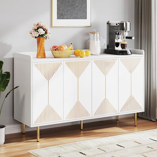DWVO 55" Kitchen Storage Cabinet with Carved Design Door, Adjustable Shelves, Modern Sideboard Buffet Cabinet with Storage for Hallway, Kitchen or Living Room, White/Gold