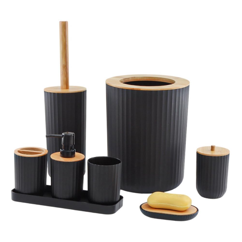 Juego de Accesorios de Baño de 8 Piezas, Bambú y Madera, Resistente al Agua, Color Negro, Diseño Contemporáneo