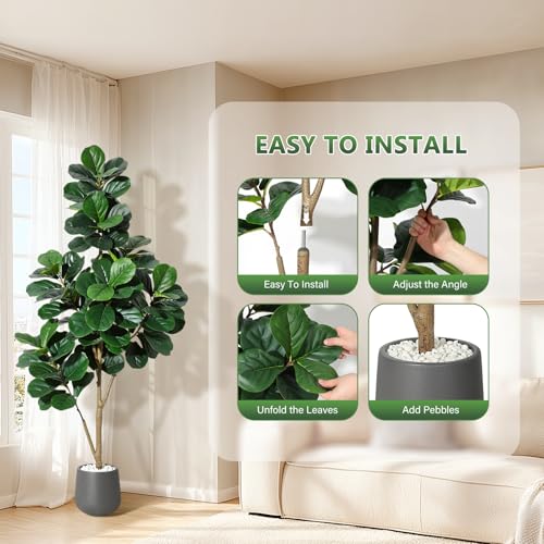 6FT Fiddle Leaf Fig Tree Artificial with 108 Leaves - Realistic Faux Ficus Lyrata Trees in 9" Grey Planter Pot, Indoor Fake Floor Plants for Home Office Living Room Decor, Housewarming Gift