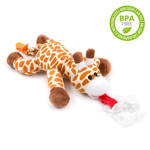 Chupete con jirafa BabyHuggle - Chupeta con peluche para bebé, Juguete de felpa suave con chupón separable de silicona, Chupador con correa, cierre & Sonido. Porta-mordedor