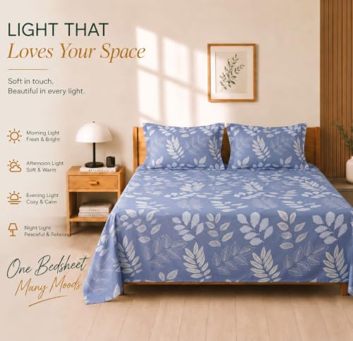Image of BSB HOME 210 TC Cotton Feel Double Bedsheet with 2 Pillow Covers, Soft & Breathable Floral Printed Bed Sheet, Easy Care Bedding for Bedroom - 86 x 88 Inches (218 x 224 cm) (Periwinkle Blue)