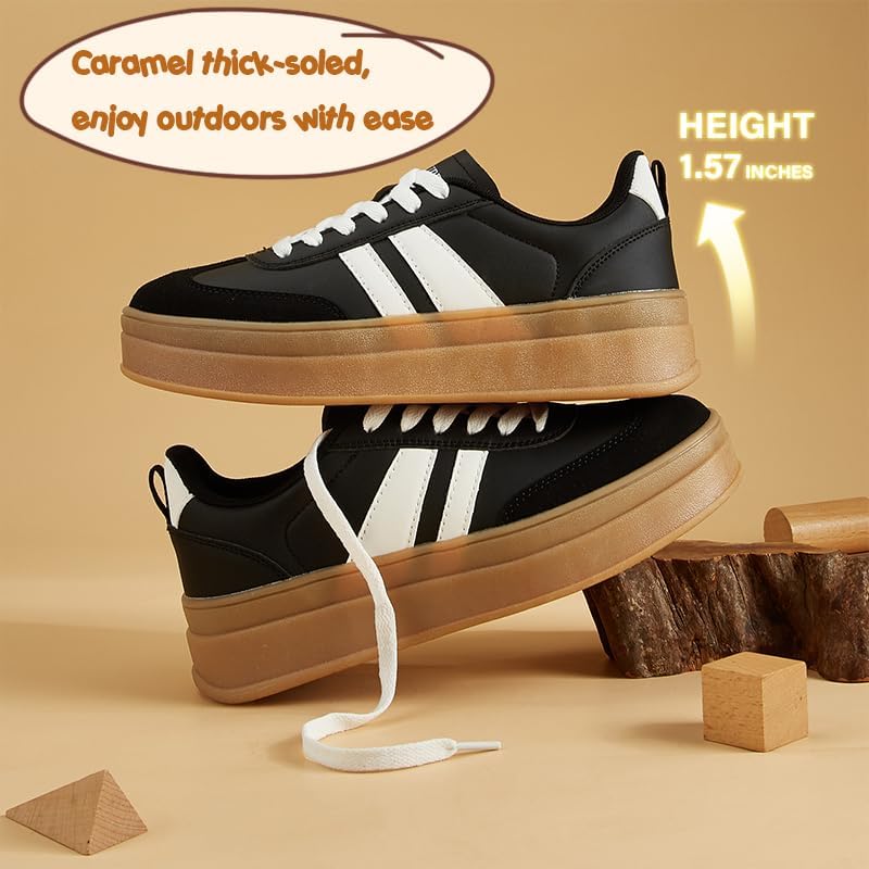 LEYING Women's Chunky Platform Sneakers - Retro Vintage Leather Casual Tennis Shoes- Thick Rubber Gum Sole Low Top Lace-Up Classic Walking Shoes - Image 4