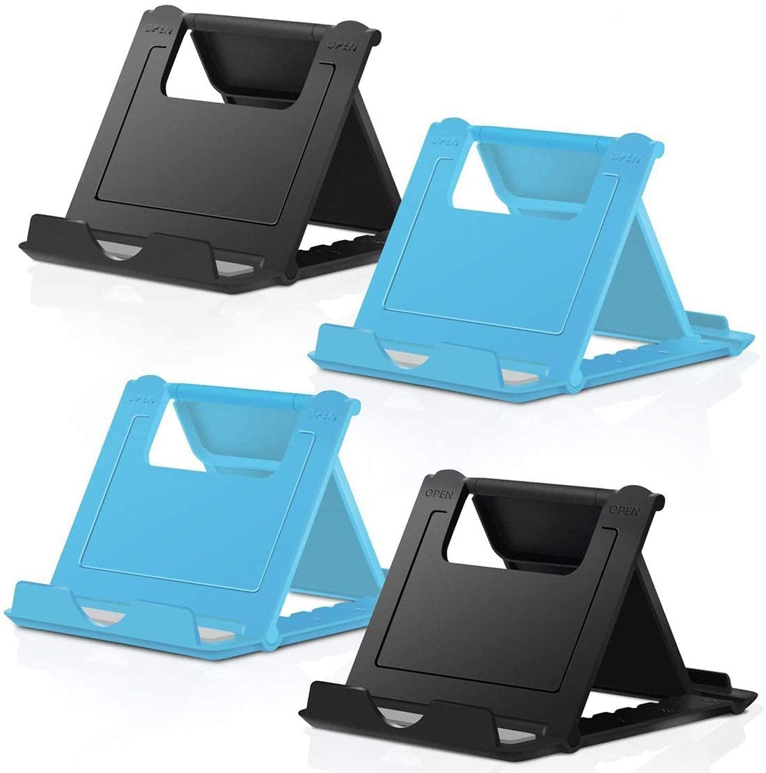 COOLOOCell Phone Stand, 4 Pack Tablet Stand, Universal Foldable Multi-Angle Pocket Phone Stand for Desk, Compatible with Phone 13 12 11 Pro XS Max X 8 7 6S Plus, All Android Smartphones (Black+Blue)