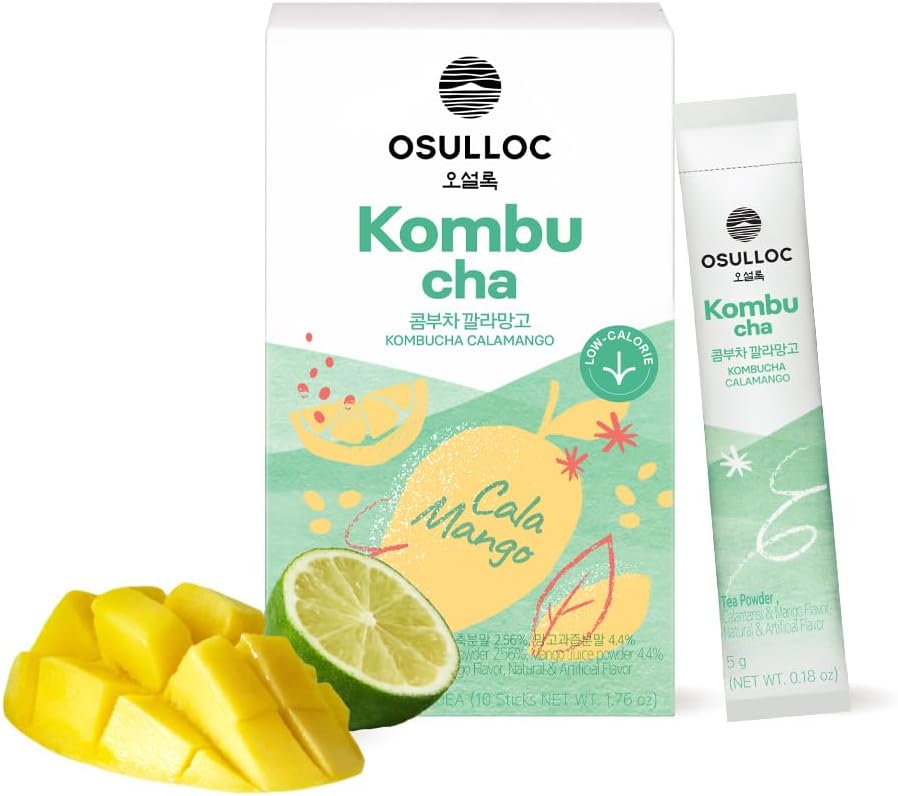 Kombucha Tea Calamango (Calamansi & Mango Blending), Sparkling Powdered Mix Beverage, No added sugar, 10 Sticks, 1.76oz