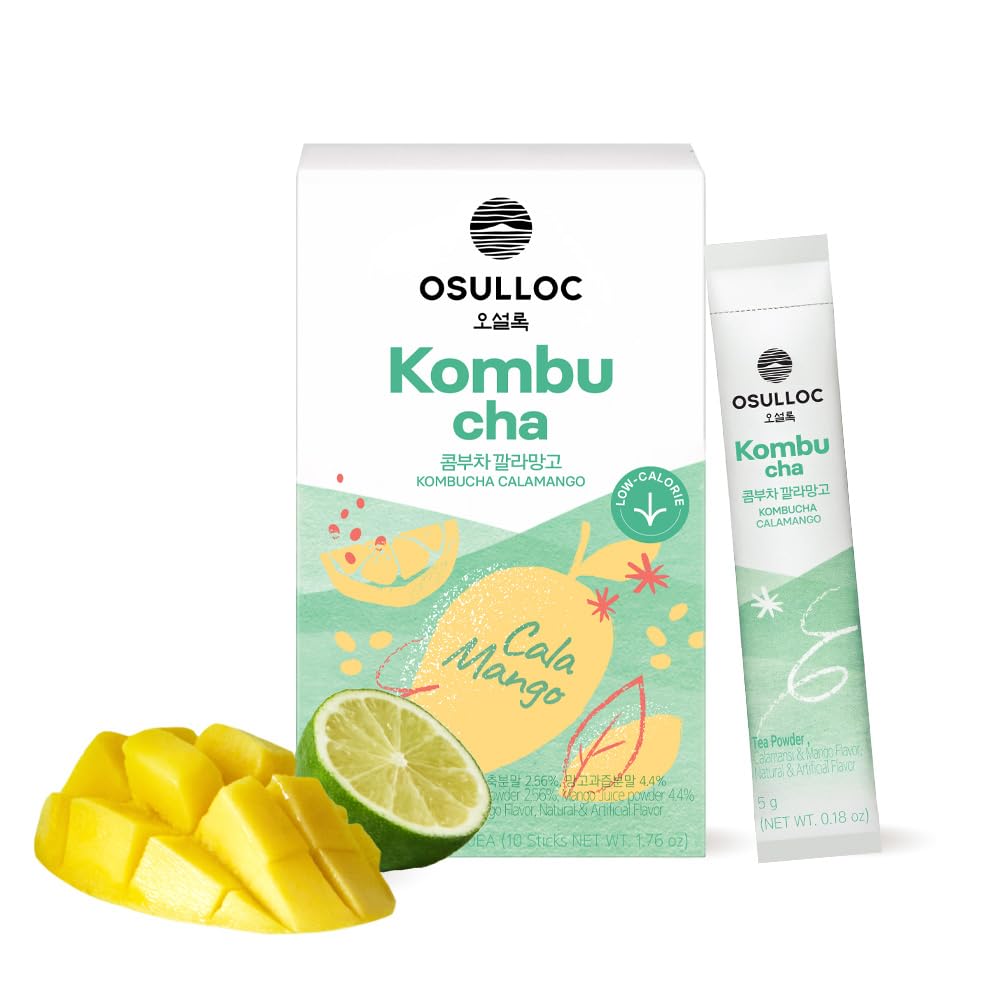 OSULLOC Kombucha Tea Calamango (Calamansi & Mango Blending), Sparkling Powdered Mix Beverage, No added sugar, 10 Sticks, 1.76oz