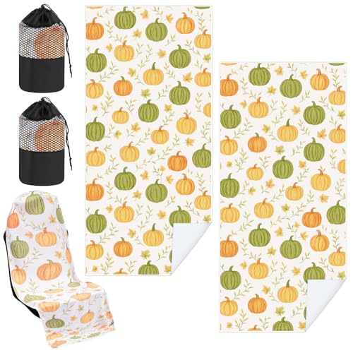 Image of Hahafelt 2 Pack Car Seat Towel Covers with Storage Bag, 63 x 32 Inch Universal Non Slip Waterproof Sweat Protector for Car Truck, Gym Swimming Running, Machine Washable (Yellow Pumpkin,Green Pumpkin)