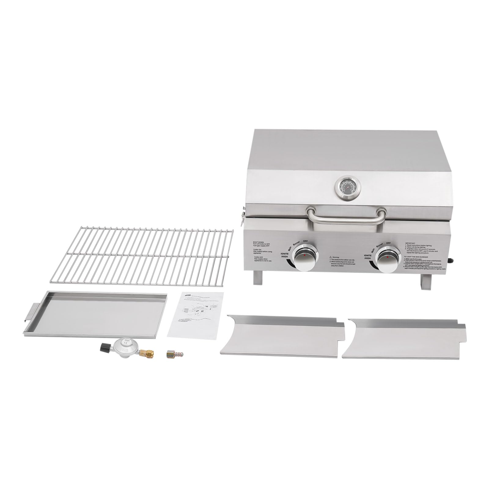 Barbecue a gas da tavolo professionale in acciaio inossidabile con 2 bruciatori, pieghevole per esterni, 55,8 x 45 x 38 cm, accensione piezoelettrica, barbecue da tavolo portatile con coperchio, per