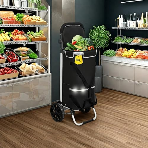 AMHANCIBLE Einkaufstrolley, Einkaufswagen mit Kühlfach, 50 Liter, 3in1klappbar Trolley, Einkaufstasche mit Rollen, Handwagen, Tasche abnehmbar, Schwarz EHSC01BK – Bild 3