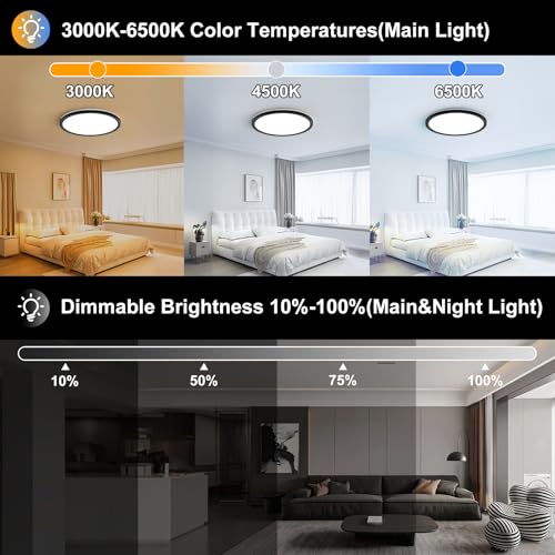 AmazeFan 12Inch LED Flush Mount Ceiling Light with Remote Control, Dimmable Night Light 1800K 3000K/4000K/6500K 24W 2400lm Low Profile Ceiling Lamp for Bedroom LivingRoom Kitchen Hallway-Black
