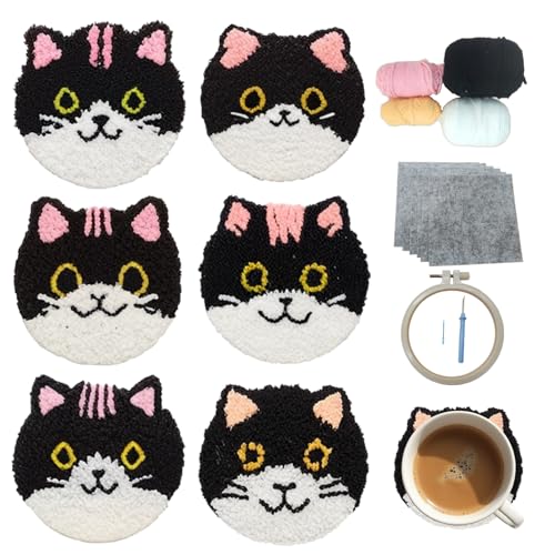 Image of 57lilina 6pcs Coaster Punch Needle Kit for Beginners & Adults, Animal Cat | Complete Step-by-Step Guide Make Punch Stitching Embroidery Art Drink Coasters, Easy DIY Hobby Craft Set for Women Starter
