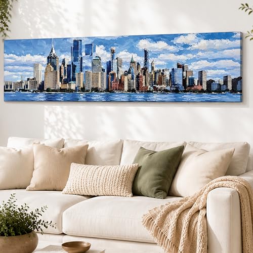 Image of New York City Skyline Stretched Canvas Wall Art Painting for Living Room, Horizontal Cityscape Canvas Wall Decor For Livingroom, Bedroom, Office, Hallway's, Hotel 12x46 Inch