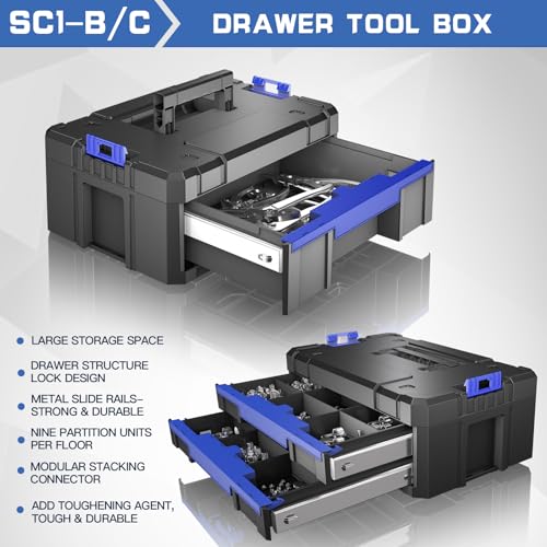 Image of 4 Tier Stackable Rolling Tool Box with Wheels | Modular Tool Organizer Box Storage System | Portable Tool Box with Drawers | Tough and Durable | for Garage Storage | Home Repairs | Professional Work