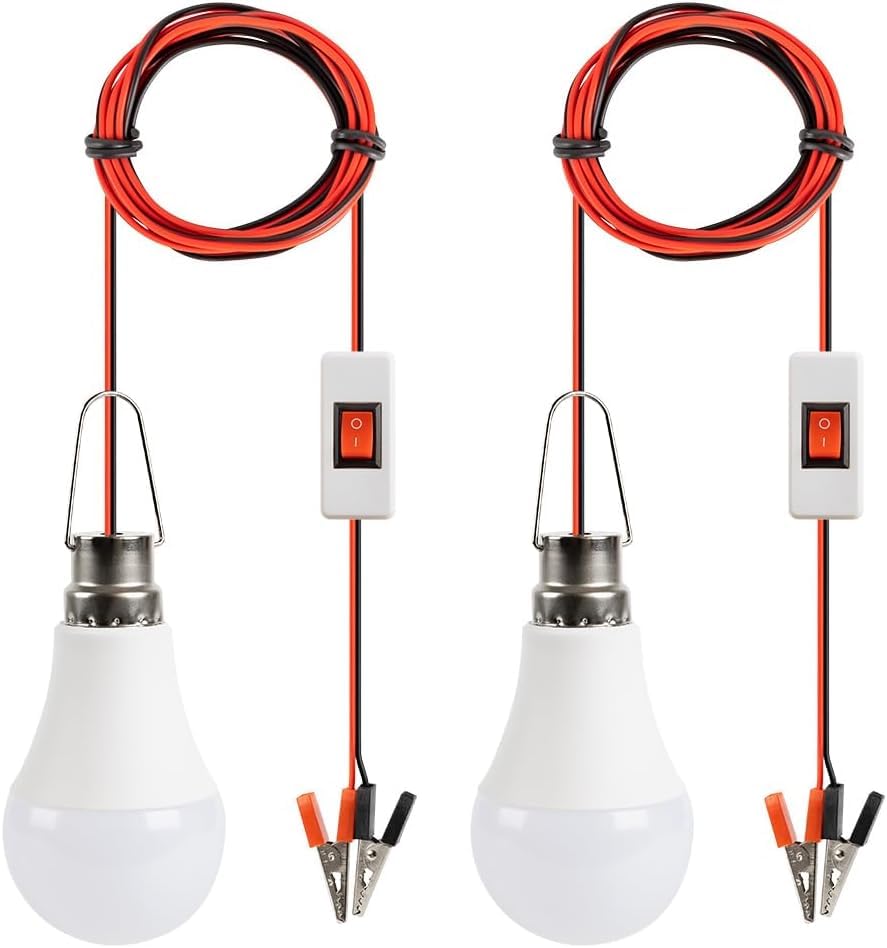 DC 12V LED Light Bulb Emergency Lamp Lights with 3 Meter Clamp Wiring & Switch for Camping Light Outdoor Lighting Motorcycle Boat RV Interior Low Volt Lightings White 6500K 2 Packs (6W)