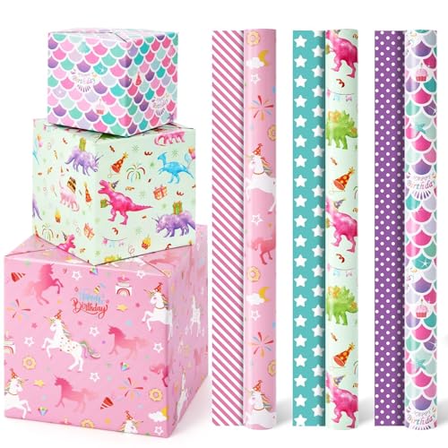 WERNNSAI Geburtstags Geschenkpapier – 3 Rollen Geburtstags Geschenkpapier Mädchen Kinder Geburtstagsparty Geschenk Deko Einhorn Dino Meerjungfrau Geschenkpapierrollen mit Schnittlinie 43 cm x 3 m