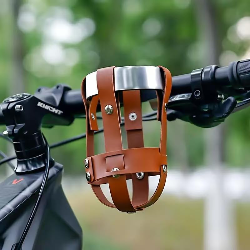 Bike Cup Holder, PU Leather Bicycle Water Bottle Holder with Handlebar Clamp, Adjustable Drink Bottle Cage for Bike, E-Bike, Motorcycle, Scooter, Boat, Fits Bottles up to 2.75 in, Light Brown