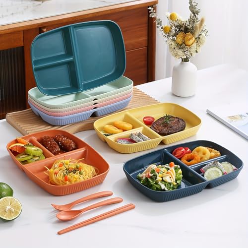 Image of 2 Compartments Divided Plates for Sushi, Snacks, Cake, Meat & Appetizers, Fruits, Pasta, Noodles, Home and Restaurant Dishwasher & Microwave Safe Plastic Tray Set (Yellow, Pack of 4)
