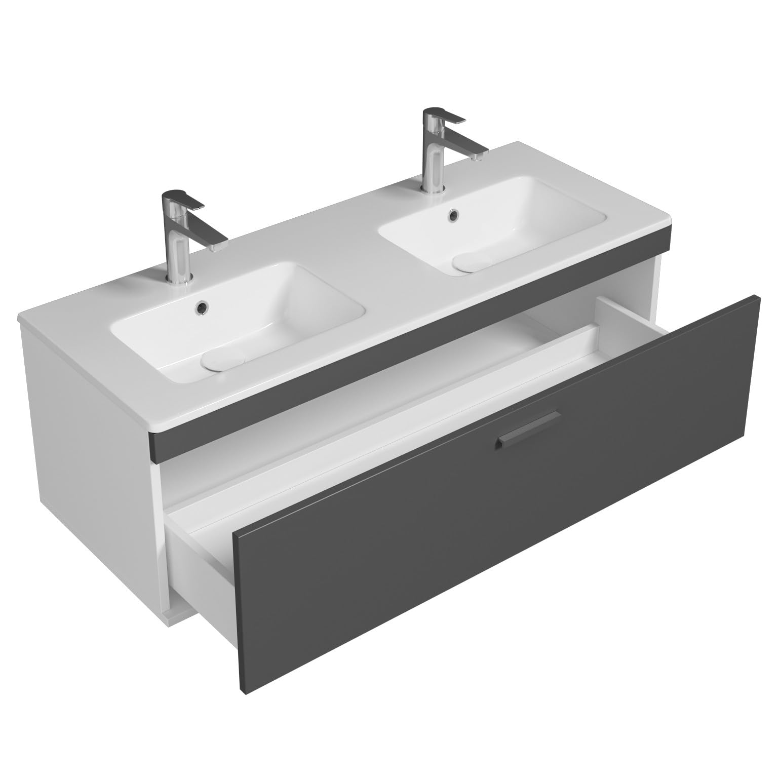 Meuble Salle De Bain Double Vasque 120cm Blanc Avec Miroir Armoire - Tiroir Coulissant Soft-close, Pose Murale