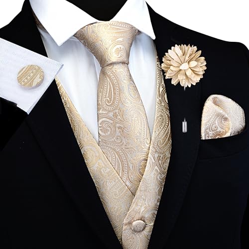 GUSLESON Formal Men Vest Paisley Floral Jacquard Tie Waistcoat Bow tie Hanky Lapel Pin Cufflinks Set Wedding 7PCS2