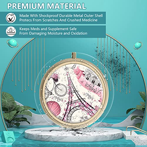 Image of Pill Case Pill Box with Mirror Retro 3 Compartment Small Pill Case for Purse or Pocket Bronze Small Roud Pill Box or Vitamins, Fish Oil, Supplements, Pill Containe Travel Gifts(Paris Eiffel Tower)