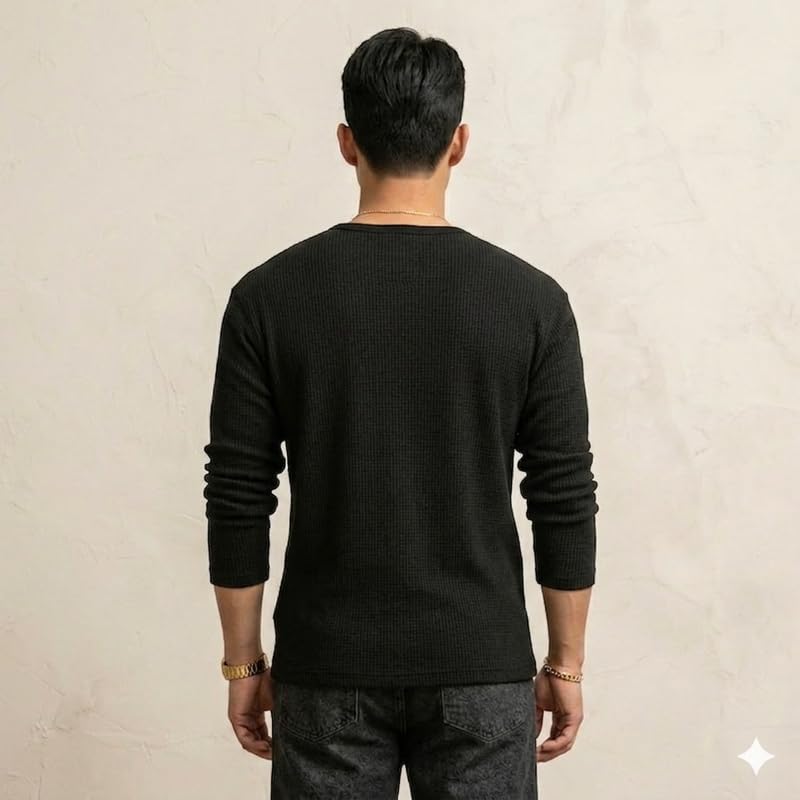 Image of Imsa Moda Men's Textured Fabric Solid Half-Open Collar T-Shirt | Full Sleeve Casual Shirt for Men | Comfortable Fall Wear