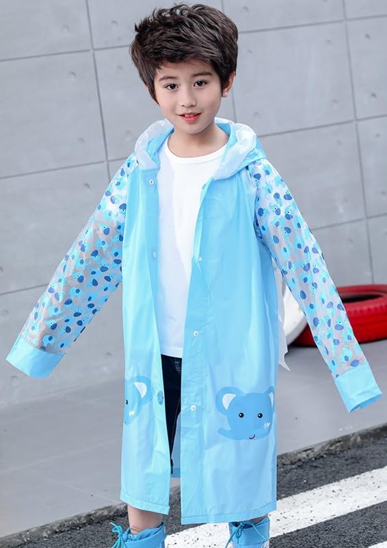 Image of FashionIO Hooded Raincoat for Kids with Wide /Inflated Brim Solid PVC Student Kids Raincoat with School Bag Rain Cover Cartoon Print Raincoats