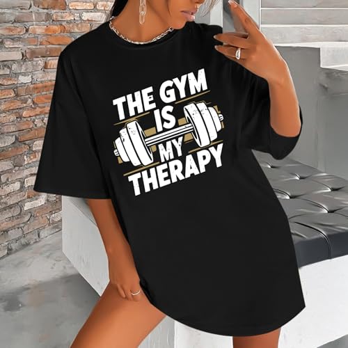 Funny Gym Shirts for Women Workout Weight Lifting Tshirts Weightlifting Graphic Oversized Gym is My Therapy Tee Tops4