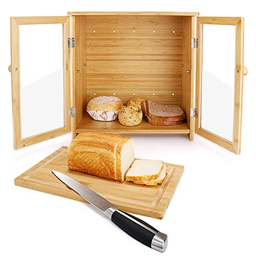 Leopard Bamboo Bread Box For Kitchen Countertop, 2 Layers Bread Boxes With Clear Window For Kitchen Food Storage, Large Bread Storage Bin With Cutting Board - Natural Bamboo #TOP4