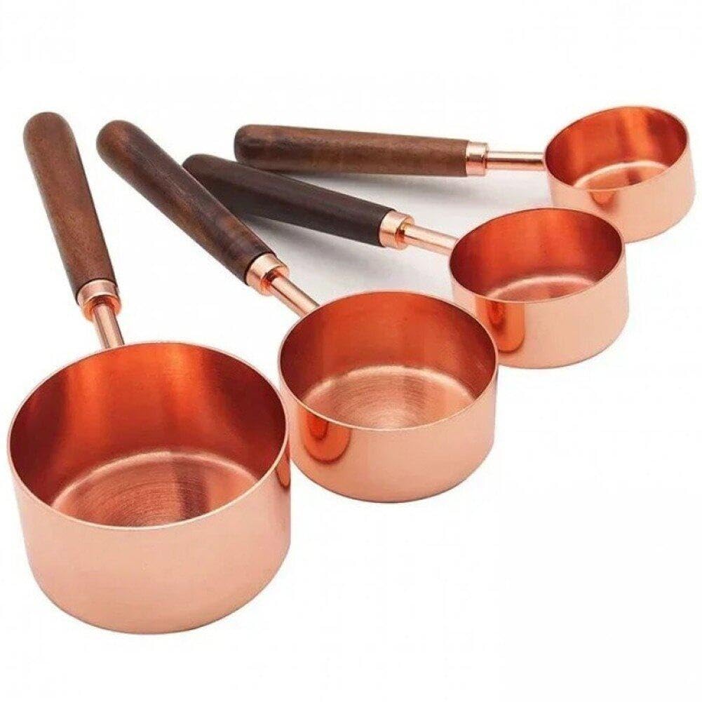Baokuan Rose Gold Measuring Cups And Spoons Set Teaspoon Wood Handle Copper Pink Kitchen Milk Coffee Cake Baking Measuring Spoon