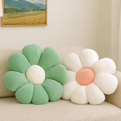 HOVCEH Flower Pillow, 2Pack Cute Daisy Cushion, Green + White Flower-Shaped Floor Pillow, 38cm Preppy Flowers Cushion Room Decor for Bedroom,Sofa, Couch (green+white)