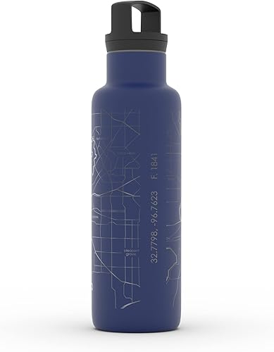 Miniatura 3 de Botella de agua aislada con mapa de Dallas Texas, grabado al agua, botella de acero inoxidable grabada (21 onzas, azul medianoche) botella aislada