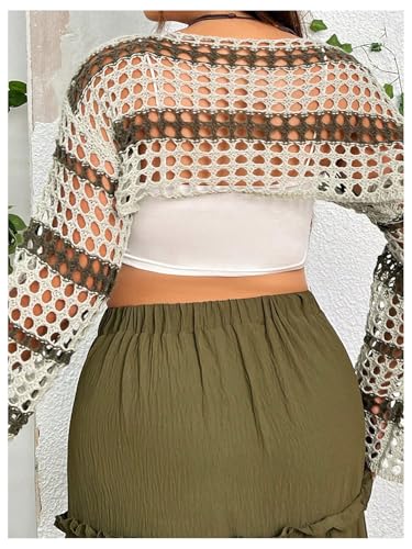 Women's Plus Size Striped Crochet Sweater Bell Sleeve Knit Cropped Pullover Tops2