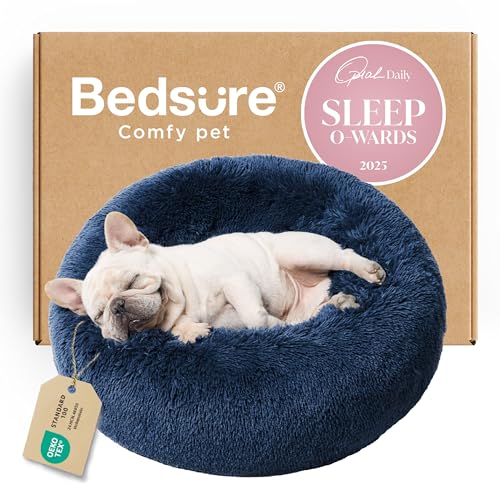 Image of Bedsure Calming Dog Bed for Small Dogs - Donut Washable Small Pet Bed, 23 inches Anti-Slip Round Fluffy Plush Faux Fur Large Cat Bed, Fits up to 25 lbs Pets, Navy