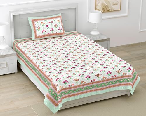 Image of DE CAMA Since 1997 | 100% Pure Cotton 300 TC Premium Single Bedsheet for Single Bed (60 x 90 Inch) with 1 Soft Pillow Cover (17 x 27 Inch) | Luxury Designer Printed Bedsheet Set - Botanical Flowers