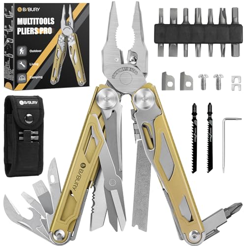 BIBURY Multitools, Multi Tool Foldable Pliers with Upgraded Scissors and Screwdriver Set, Stainless Steel Multitools, Ideal for Camping, Outdoor, Repairing -Gift for Dad Men -Titanium Plating Gold Pro