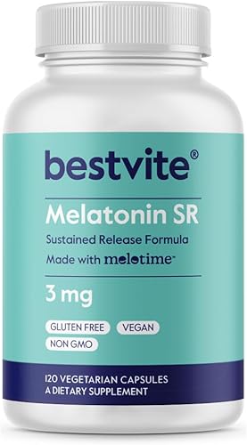 BESTVITE Melatonina SR 3 mg (120 cápsulas vegetarianas) - Vegano - Sin OMG - Sin gluten - Melatonina de liberación prolongada