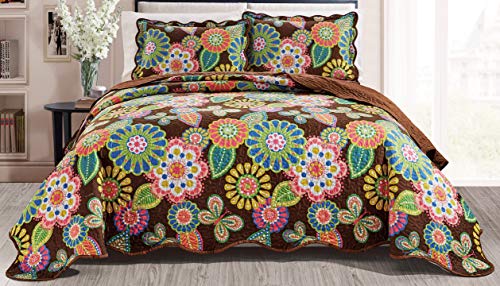 GrandLinen 3-Piece Fine Printed Oversize (115" X 93") Quilt Set Reversible Bedspread Coverlet