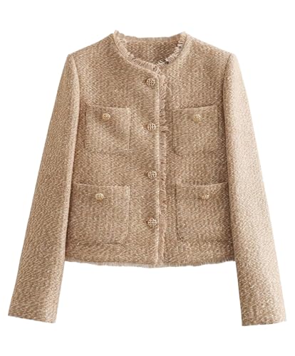 Womens Cropped Tweed Jacket Long Sleeve Button Down Casual Blazer Jacket Short Coat with Pockets