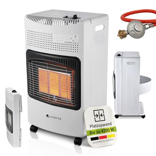 Juskys Keramik Gasheizung GS42US in Weiß - 4200 W mit Druckregler & Schlauch - Mobil, effizient & energiesparend - Gasheizer Gasheizofen Gasheizgerät