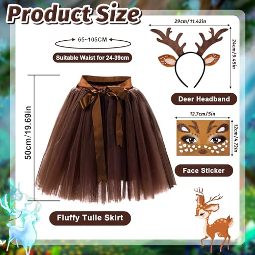 Vibbang Rentier Kostüm, Reh Kostüm Damen, Hirsch Blumenstirnband und Tüllrock Braun, Karneval Cosplay Kostü-m mit Gesichtsaufkleber, Elch Cosplay für Party, Karneval, Mottoparty