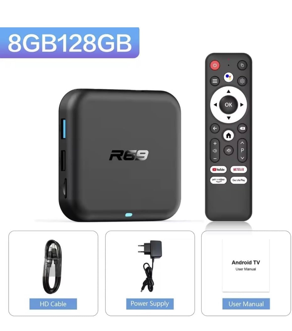 Android 14 TV Box R69-1 con RK3518 Quad-Core, 8GB RAM 128GB ROM, Supporto 4K UHD HDR10, WiFi 6, Bluetooth 5.0, Multi-Lingua Smart Streaming Media Player