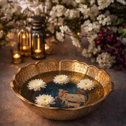 Image of Hammered Golden Lotus Urli Bowl with Sacred Cow Art | Decorative Metal Pooja Urli for Floating Flowers, Tealights & Festive Home Decor | Lotus Petal Design Centerpiece
